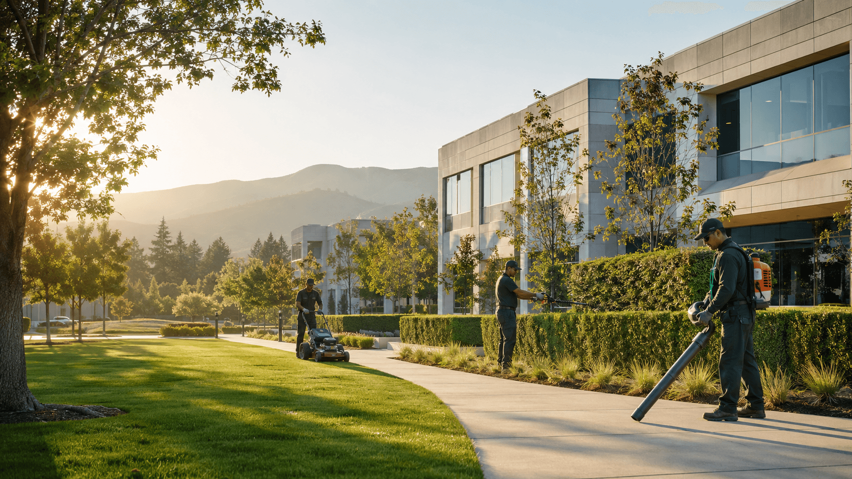 CrownRFS crew on commercial landscaping grounds — Concept B