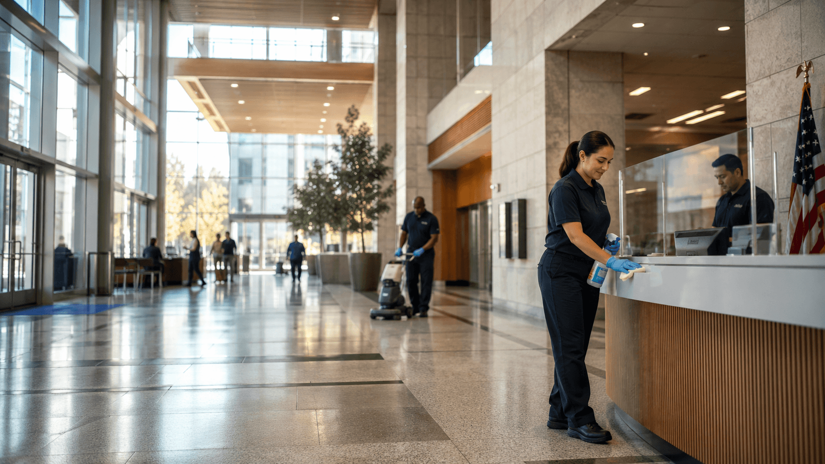 CrownRFS technician maintaining a corporate lobby — Concept A