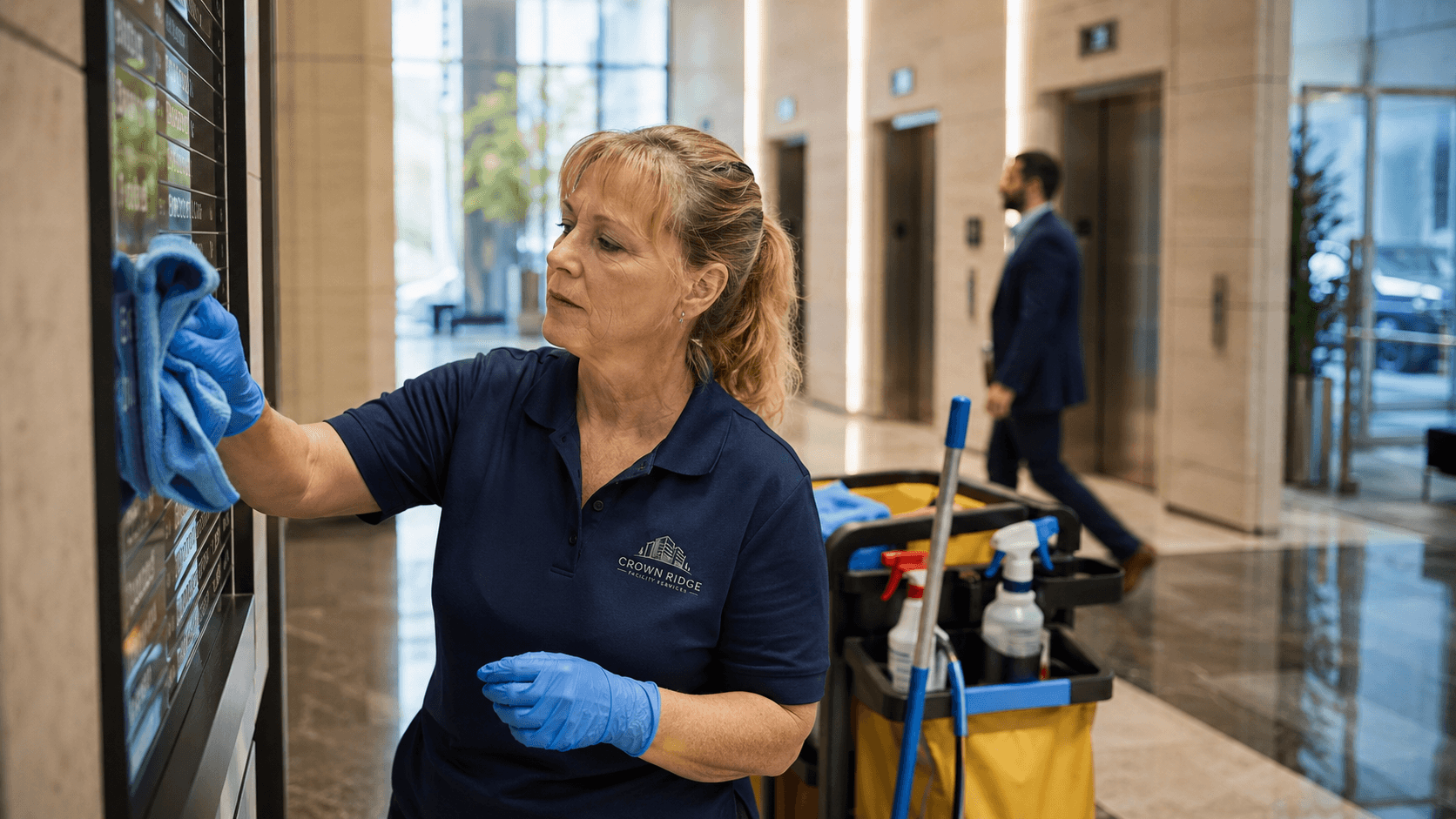 Crown Ridge Facility Services team in a polished corporate lobby