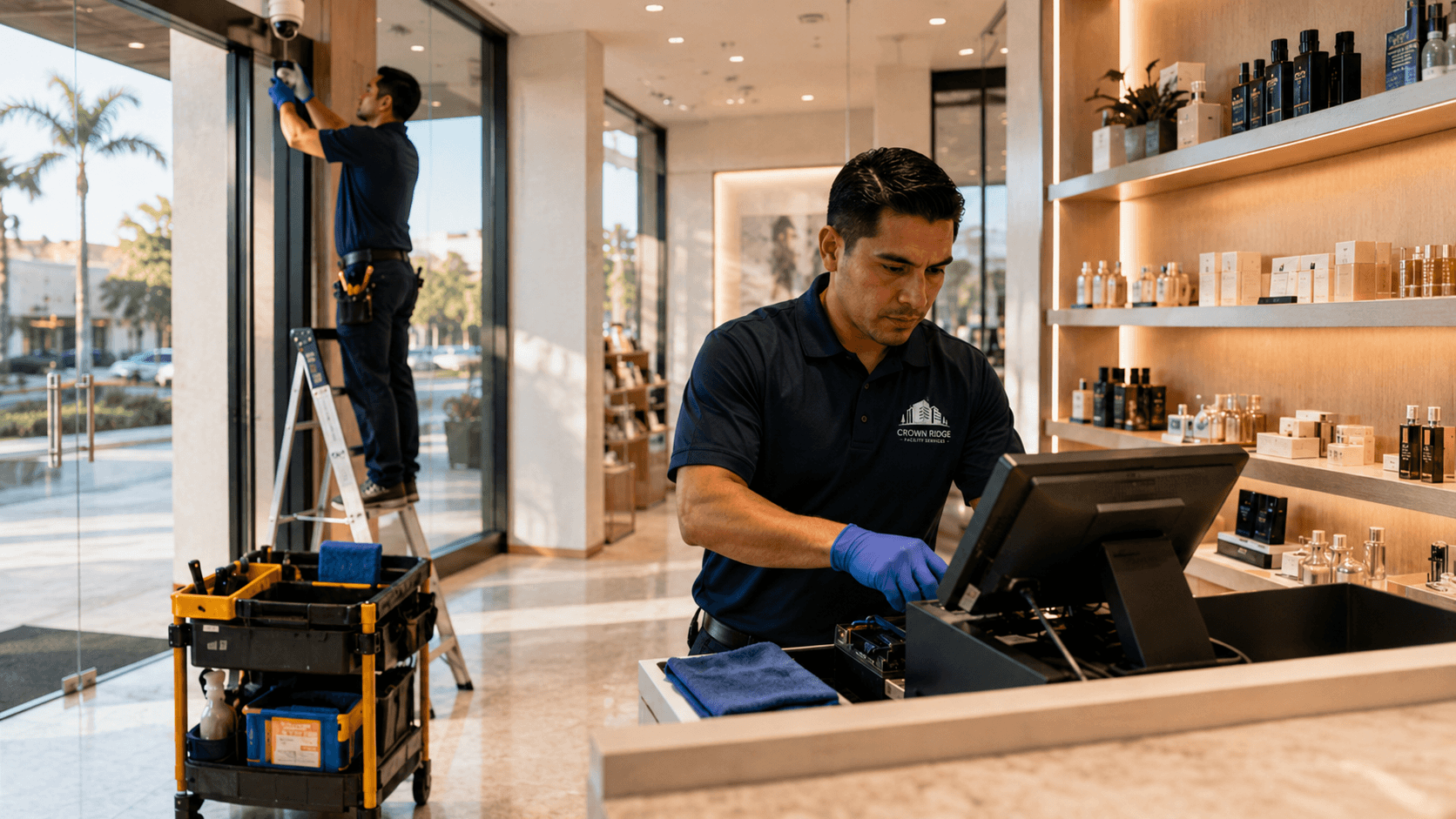 Crown Ridge Facility Services crew cleaning a retail point-of-sale counter
