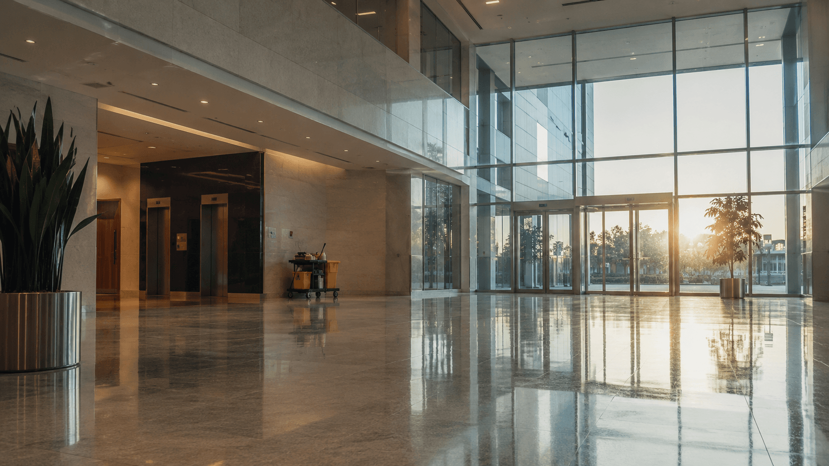 A sun-warmed corporate lobby — Crown Ridge Facility Services keeps every surface worthy of the light