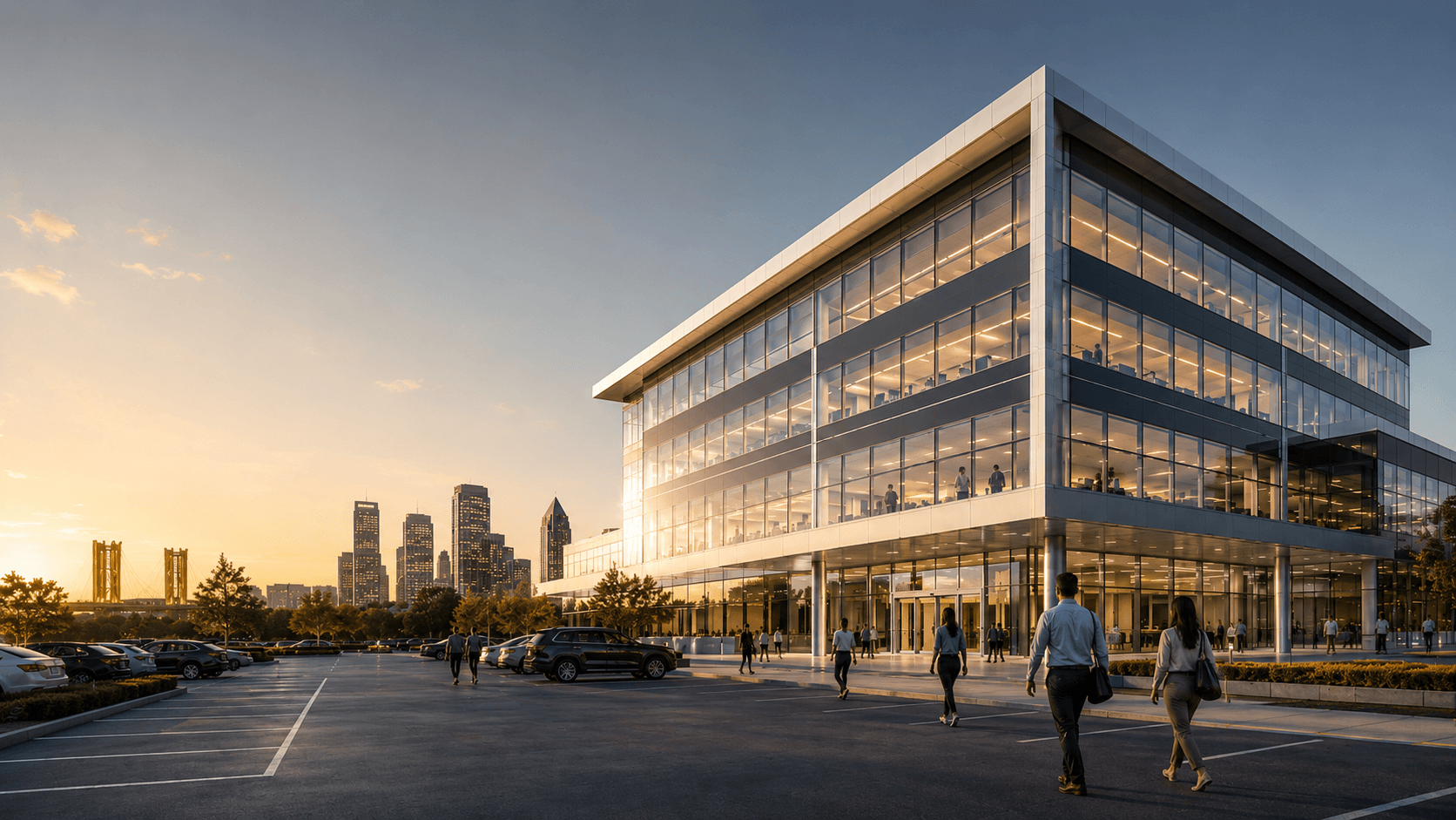 Commercial office building bathed in golden-hour light — the environments Crown Ridge Facility Services serves