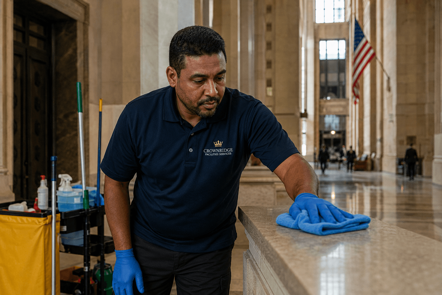 Crown Ridge Facility Services technician wiping a marble ledge — craft-led care