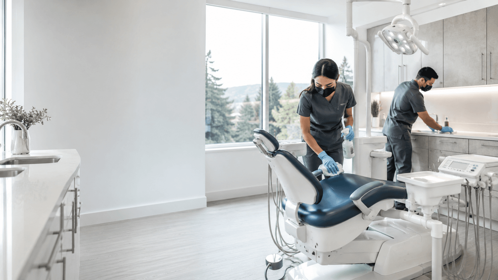 Crown Ridge Facility Services technician cleaning a medical clinic front desk