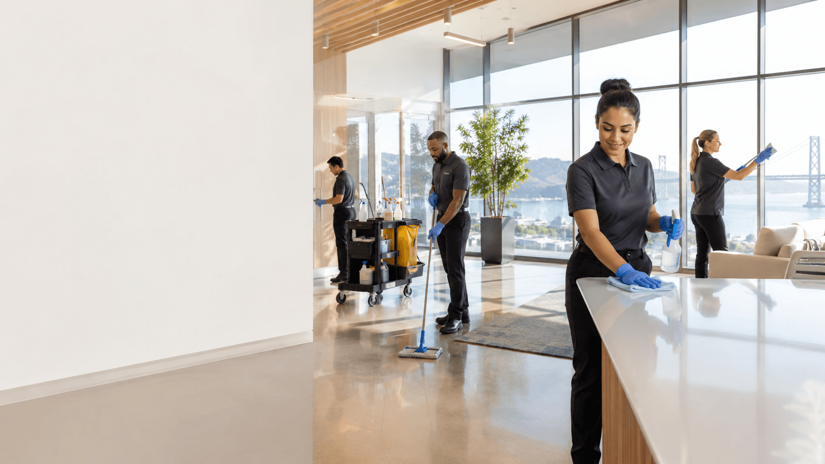 Crown Ridge Facility Services technician cleaning a commercial office workspace