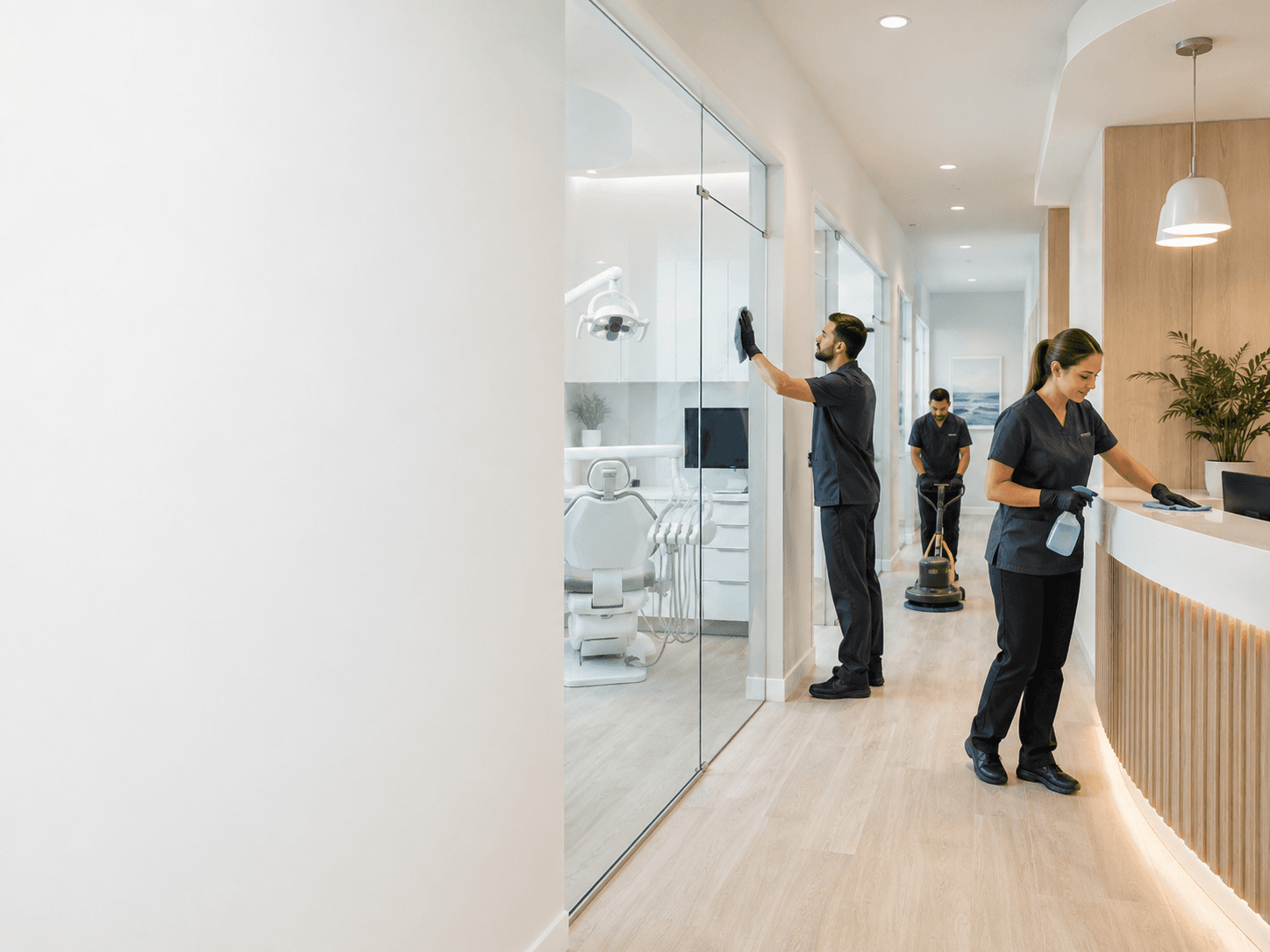 Crown Ridge Facility Services cleaning glass panels in a clinic