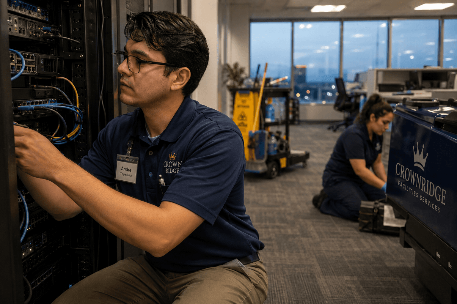 Crown Ridge Facility Services crew working in a server rack environment