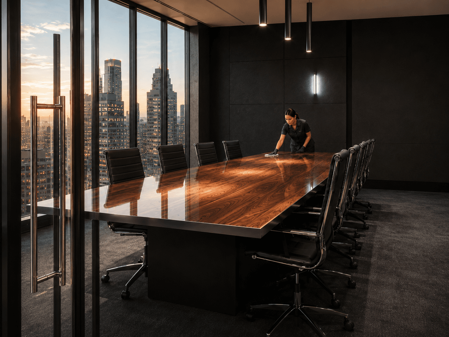 Boardroom cleaned to executive standard at dusk