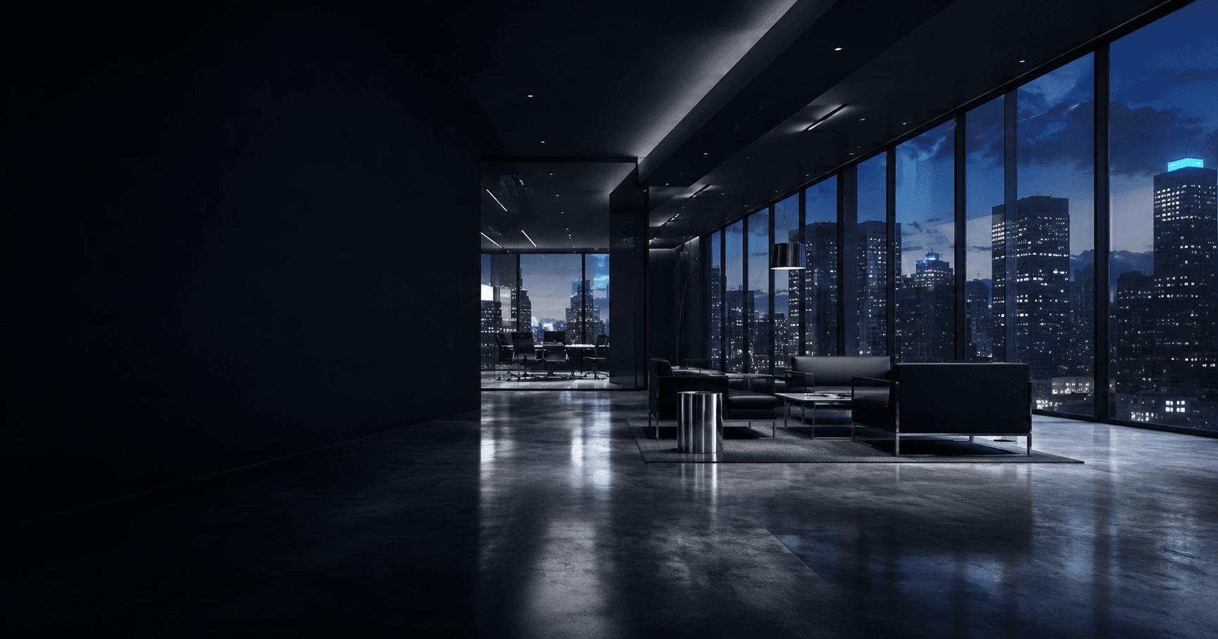 Empty corporate lobby at night, city skyline visible through glass