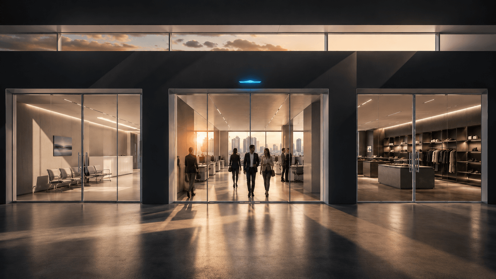 Office entrance at dusk, illuminated
