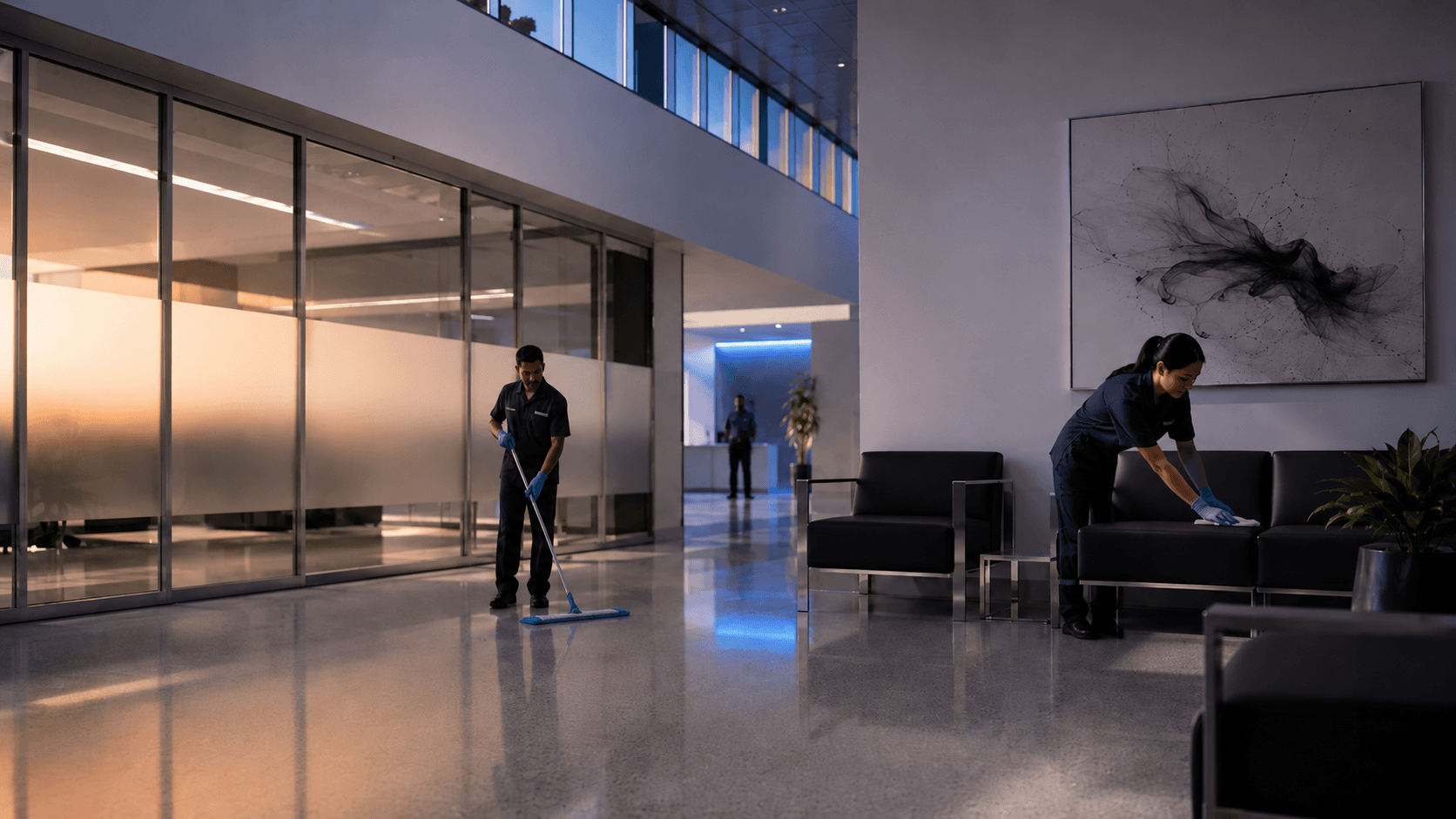 Crown Ridge Facility Services night crew mopping a corporate lobby