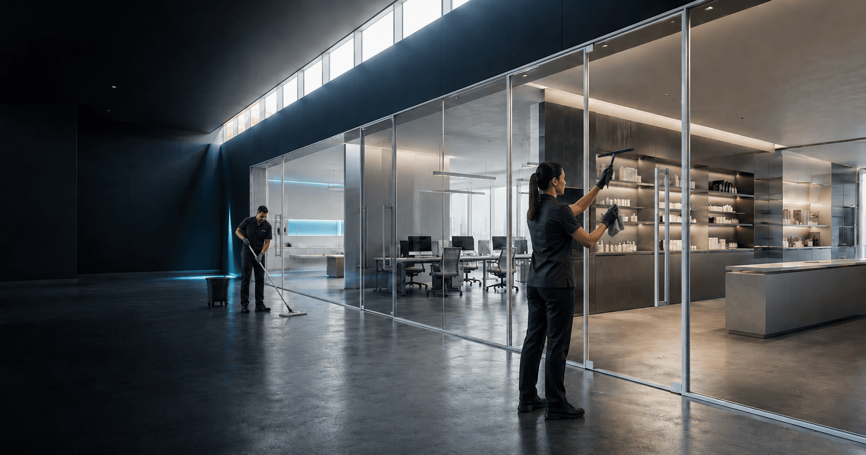 Crown Ridge Facility Services night crew cleaning an office space