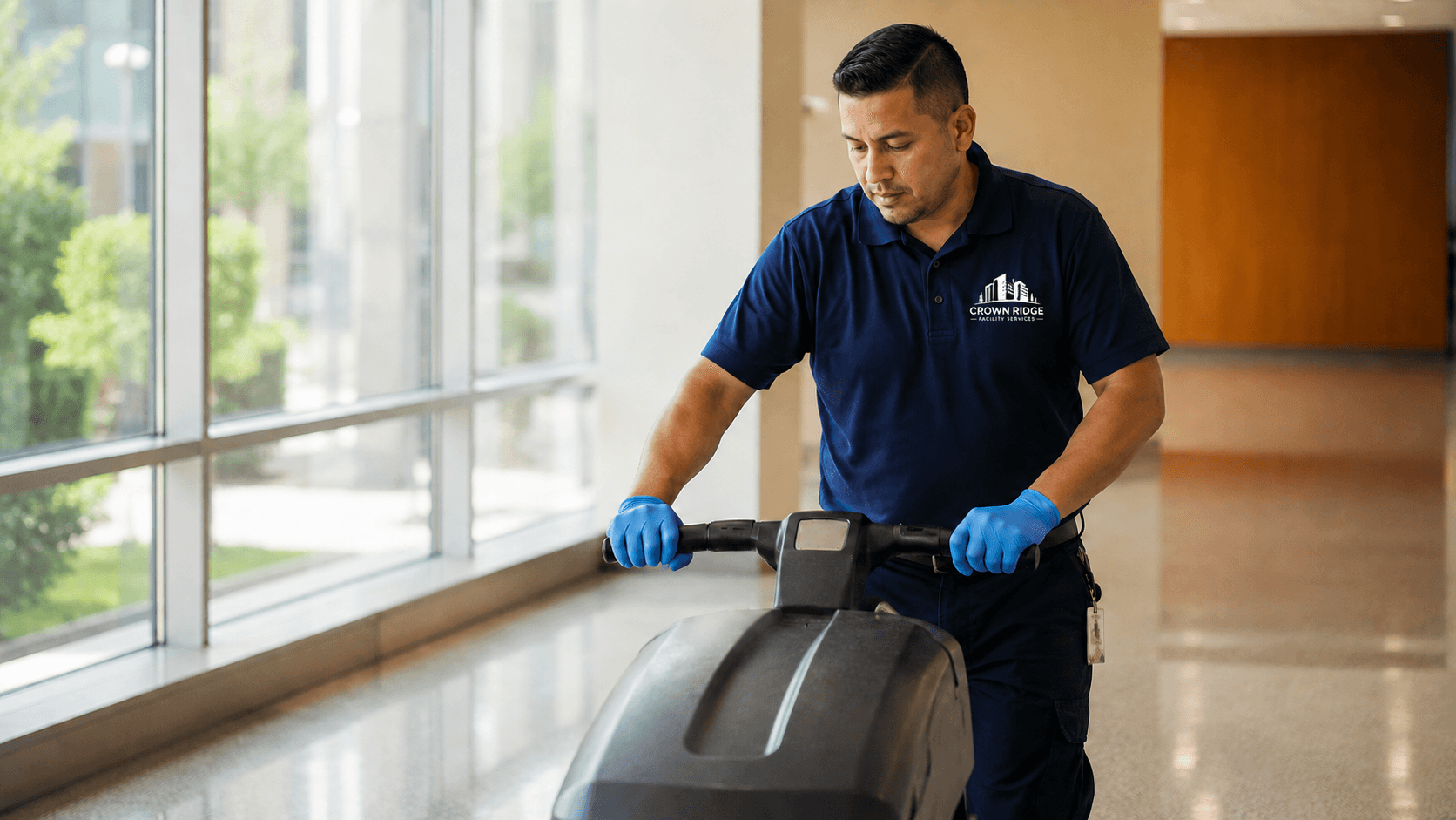 Crown Ridge Facility Services technician operating a floor buffer in a Rocklin commercial building