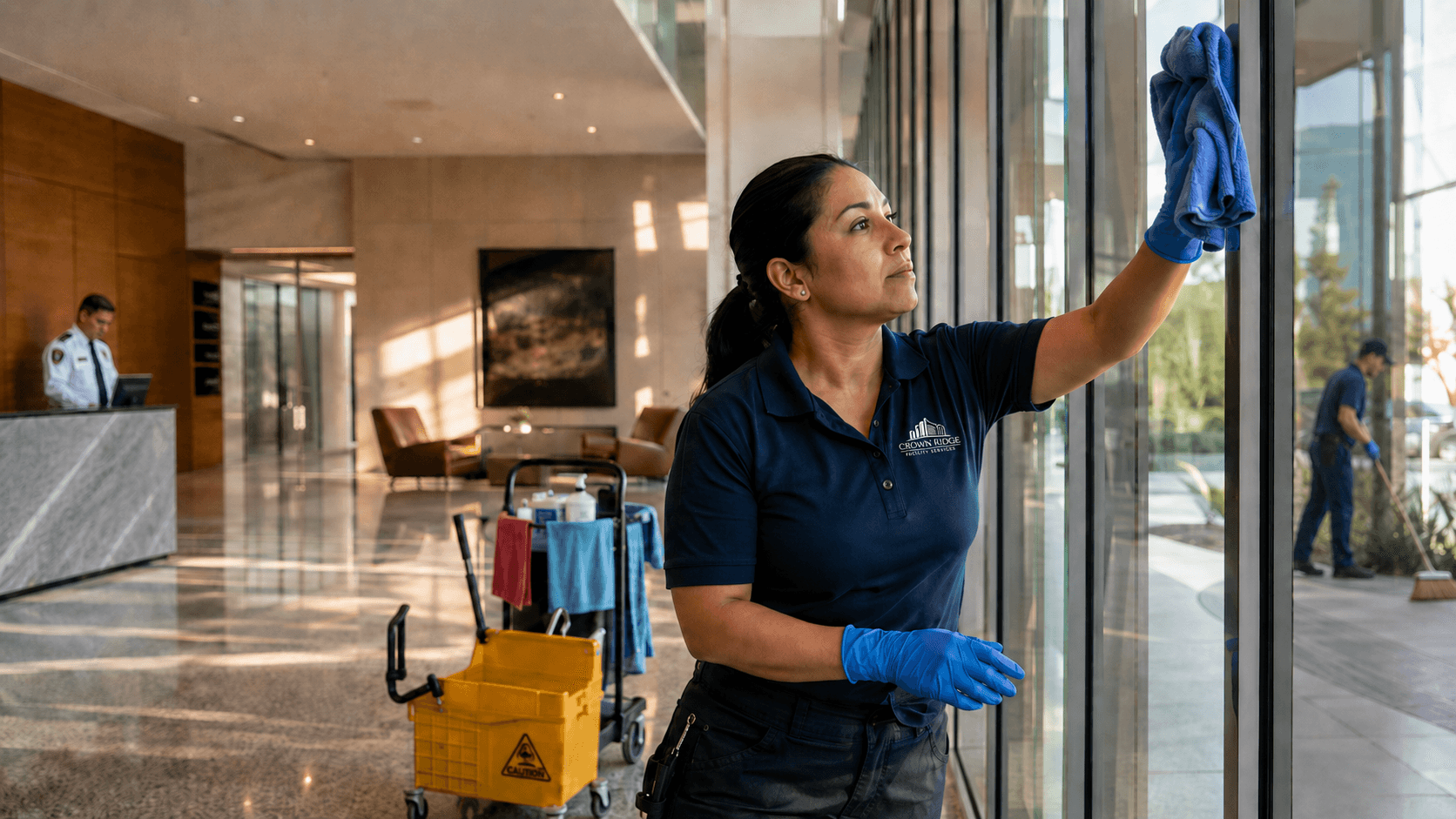 Crown Ridge Facility Services technician cleaning glass in a Sacramento office lobby