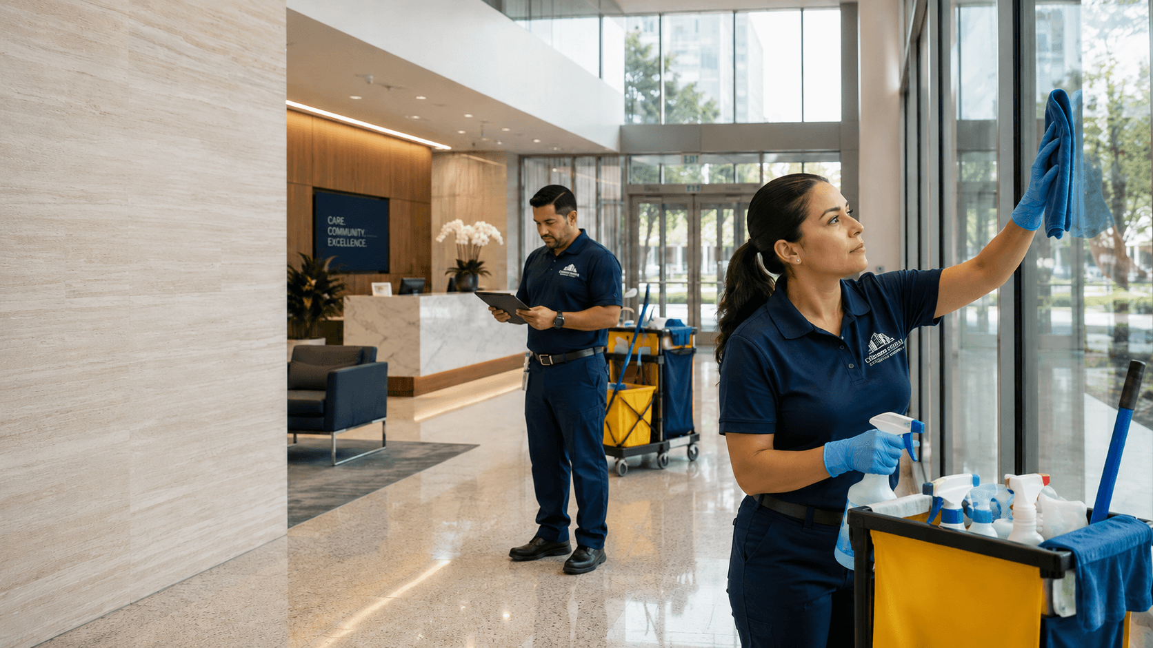 Crown Ridge Facility Services technician cleaning glass in a Sacramento-area commercial lobby