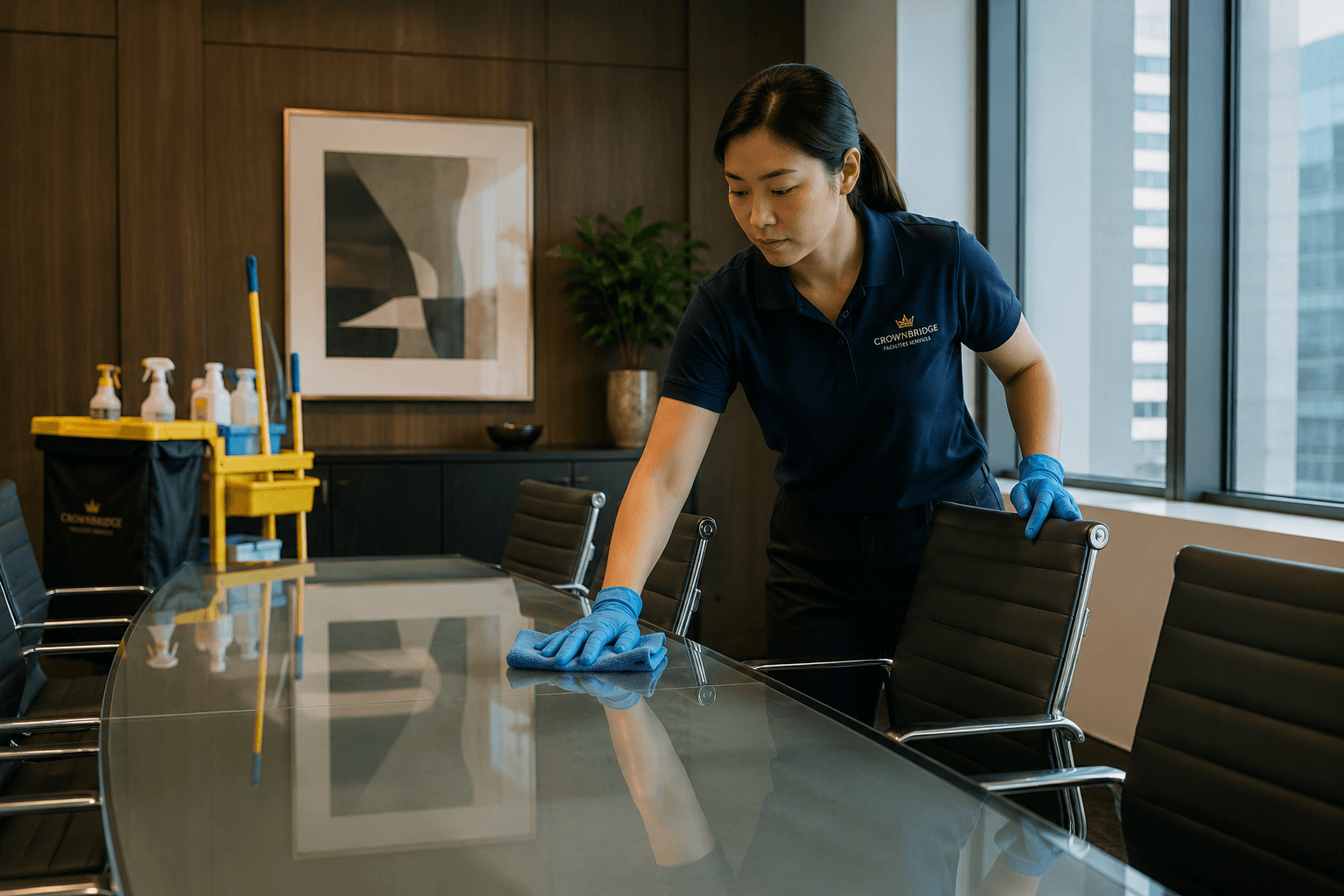 Crown Ridge Facility Services office boardroom glass table cleaning
