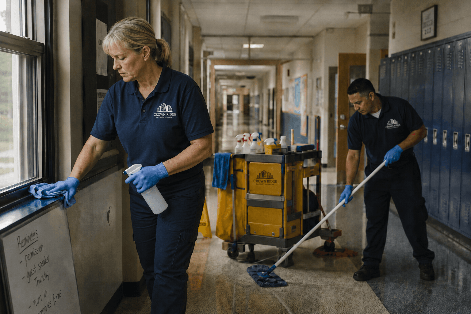 Crown Ridge Facility Services crew cleaning a sunlit school locker corridor