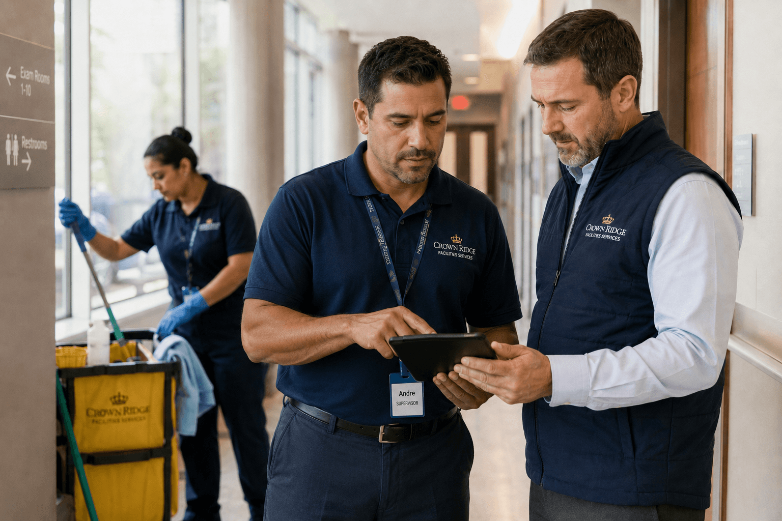 Crown Ridge Facility Services account manager walking a facility with a client