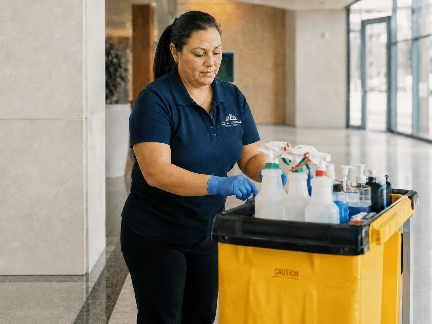 Crown Ridge Facility Services crew preparing microfiber supplies and checklist materials before service