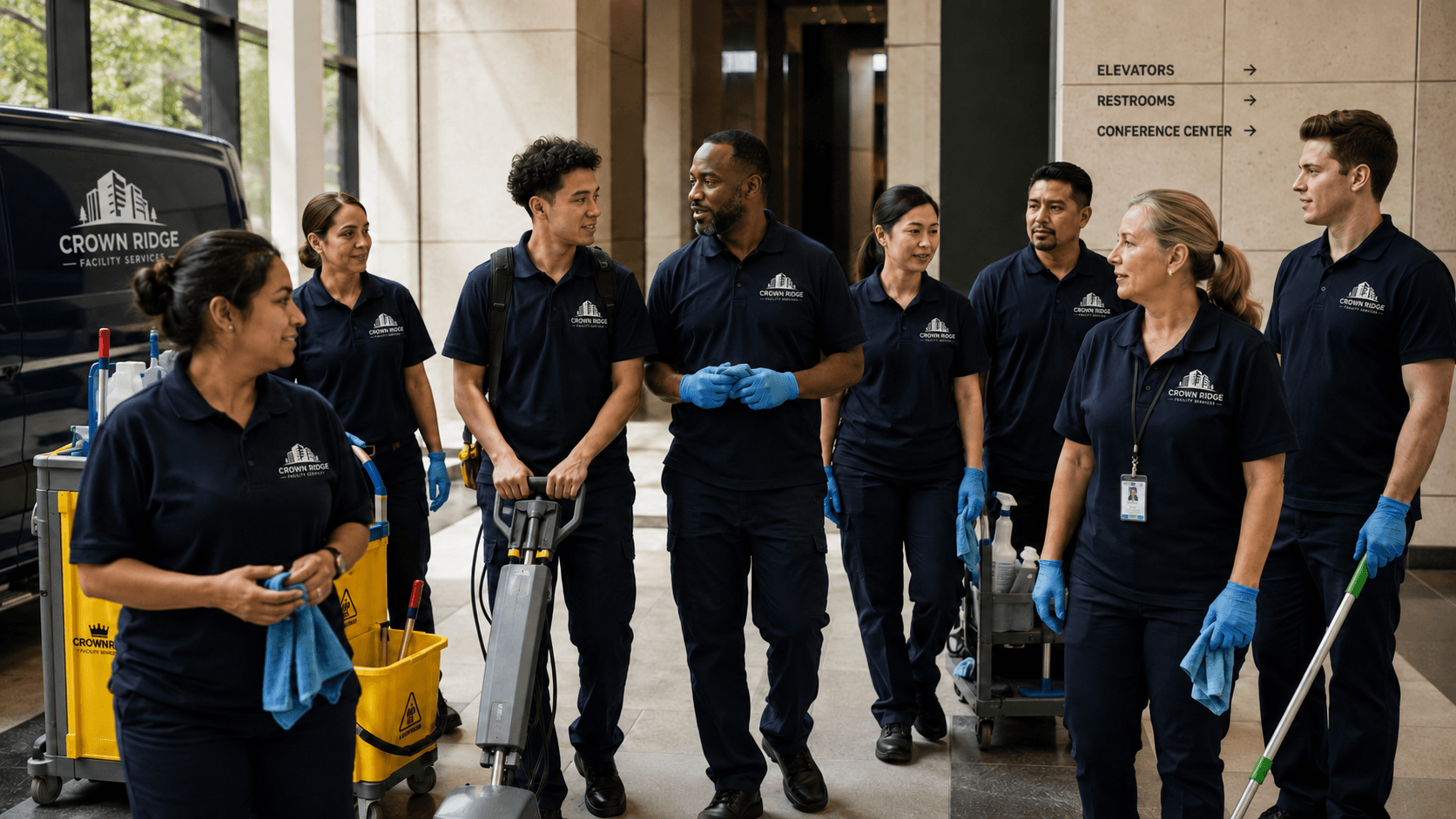 Crown Ridge Facility Services team lined up with service carts in a commercial lobby