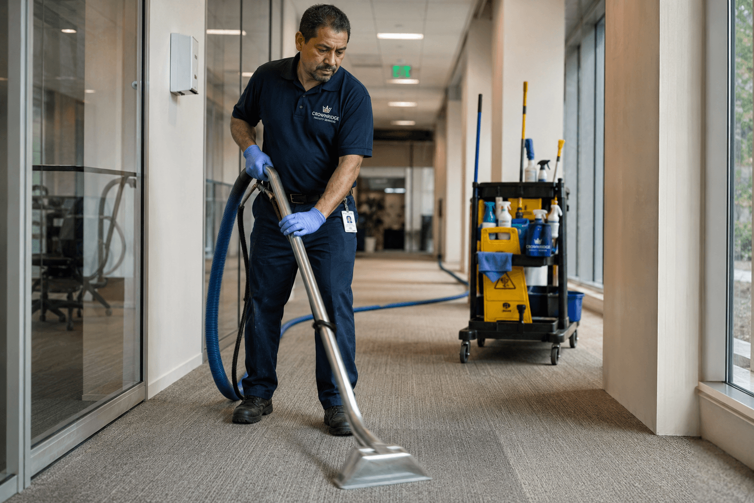 Crown Ridge Facility Services carpet extractor in corridor