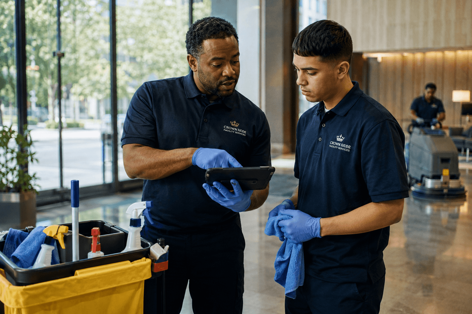 Crown Ridge Facility Services lobby cart and supervisor oversight