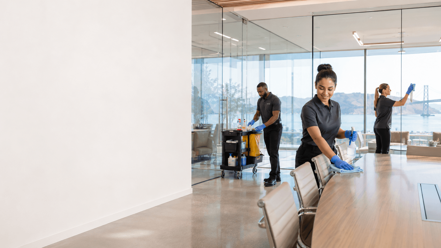 Crown Ridge Facility Services technician cleaning an office conference room
