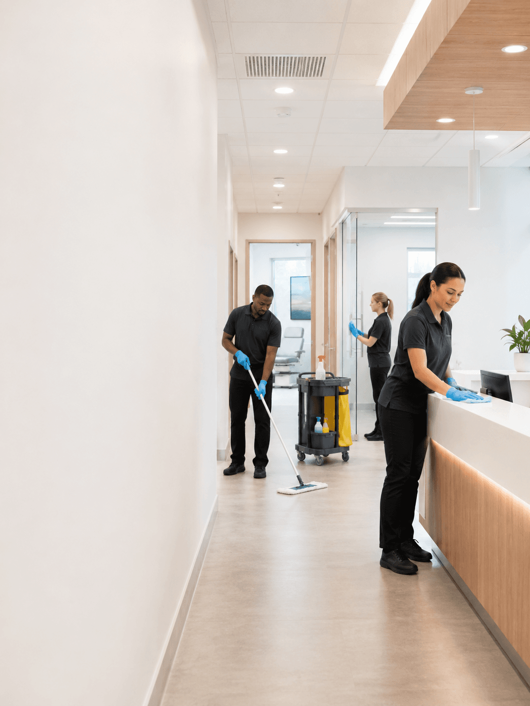 Crown Ridge Facility Services cleaning a commercial hallway