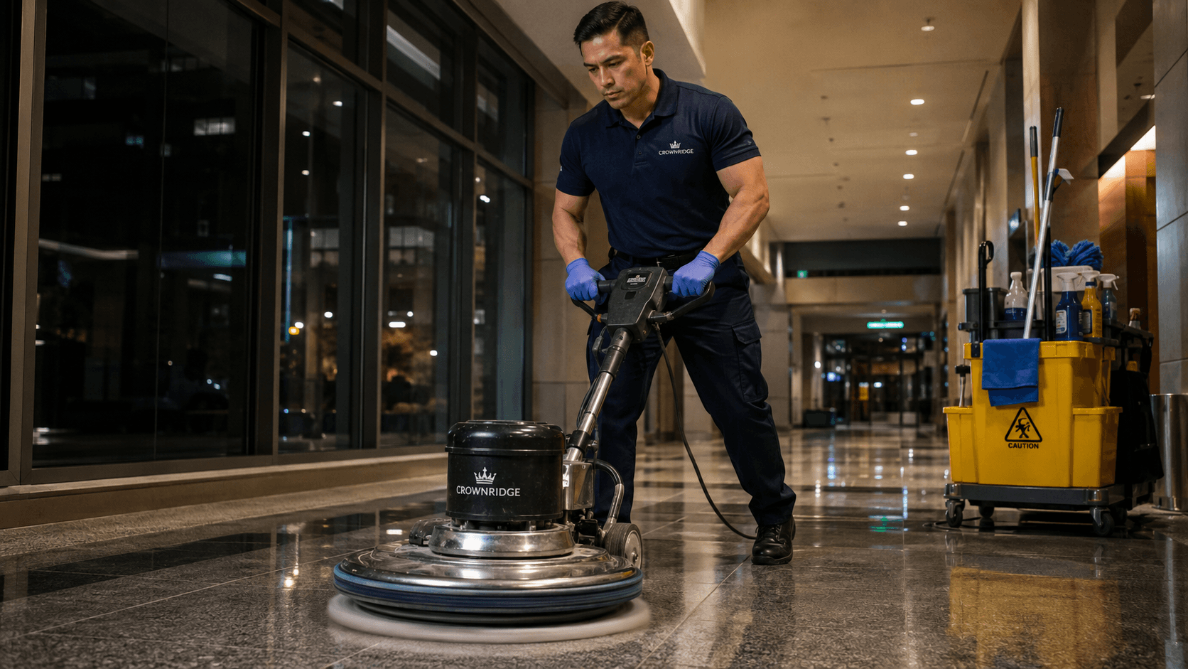 Crown Ridge Facility Services floor technician working at night
