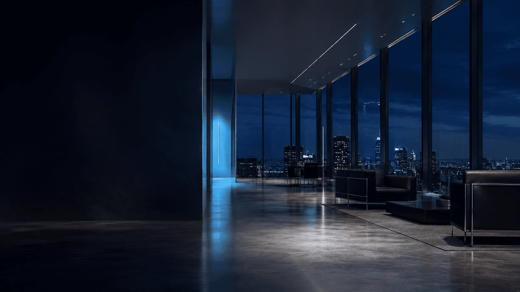 Premium corporate office at dusk — Crown Ridge Facility Services client environment