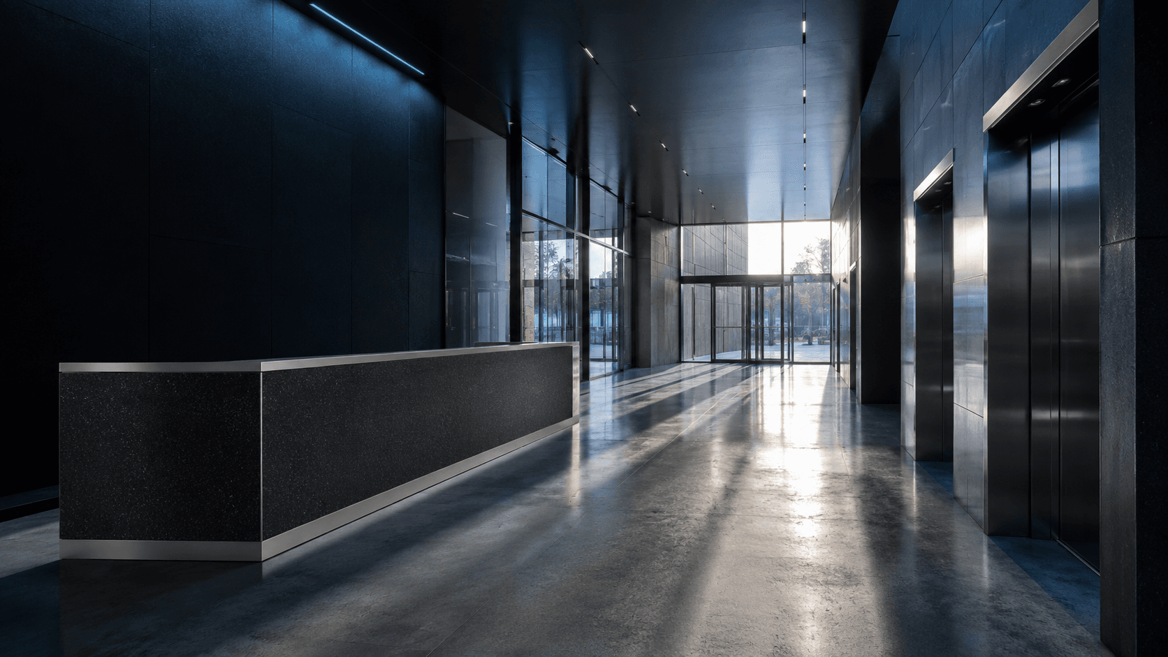 Modern corporate lobby with dramatic night lighting
